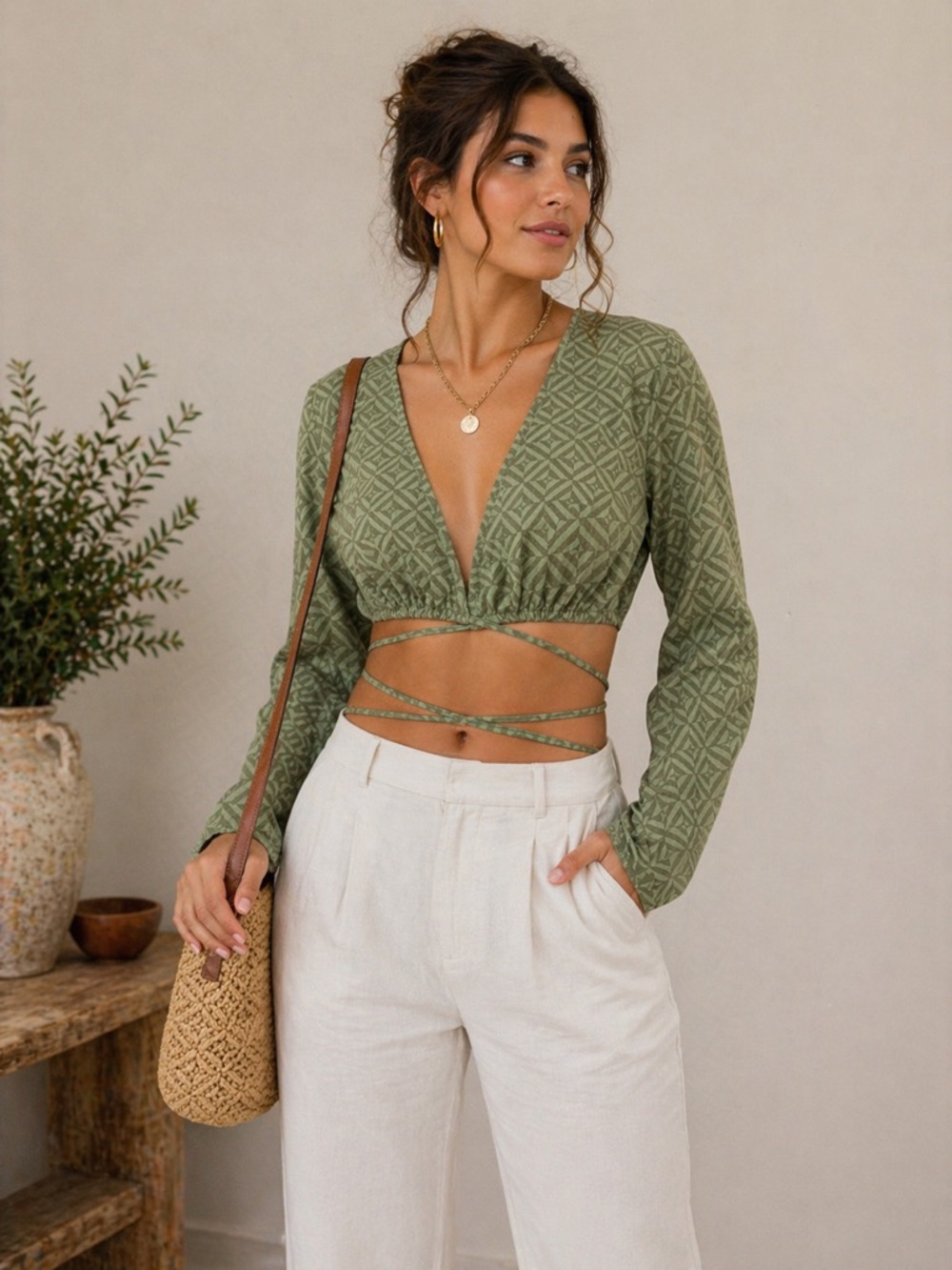 Olive Green Wrap Crop Top Long Sleeve Tie Front Boho Festival